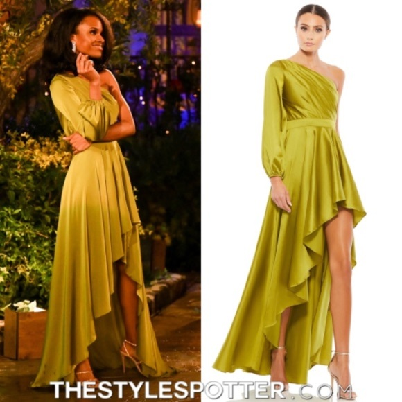 MAC DUGGAL Green High Low One Shoulder Flowy Gown in Chartreuse 2 - Picture 4 of 9